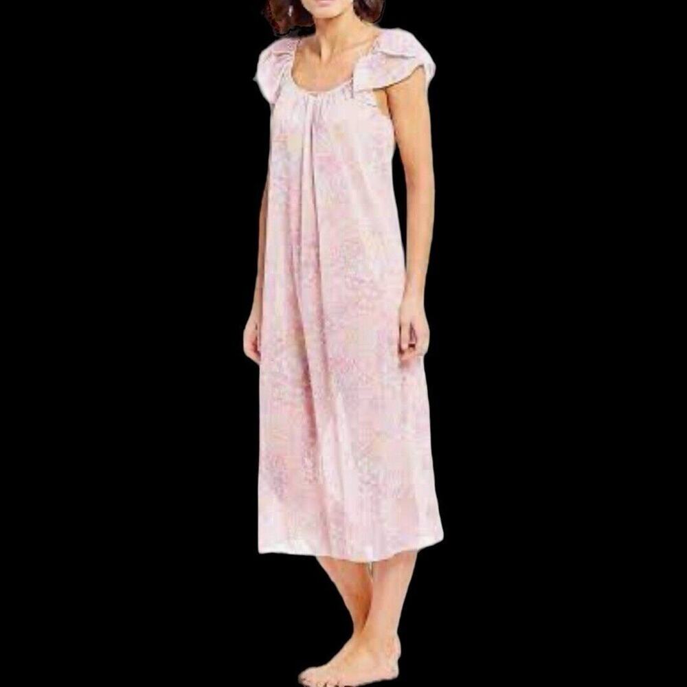 Miss Elaine Pink Pansy FLORAL Silky Short Fluttered Sleeve Long Nightgown Sz M
